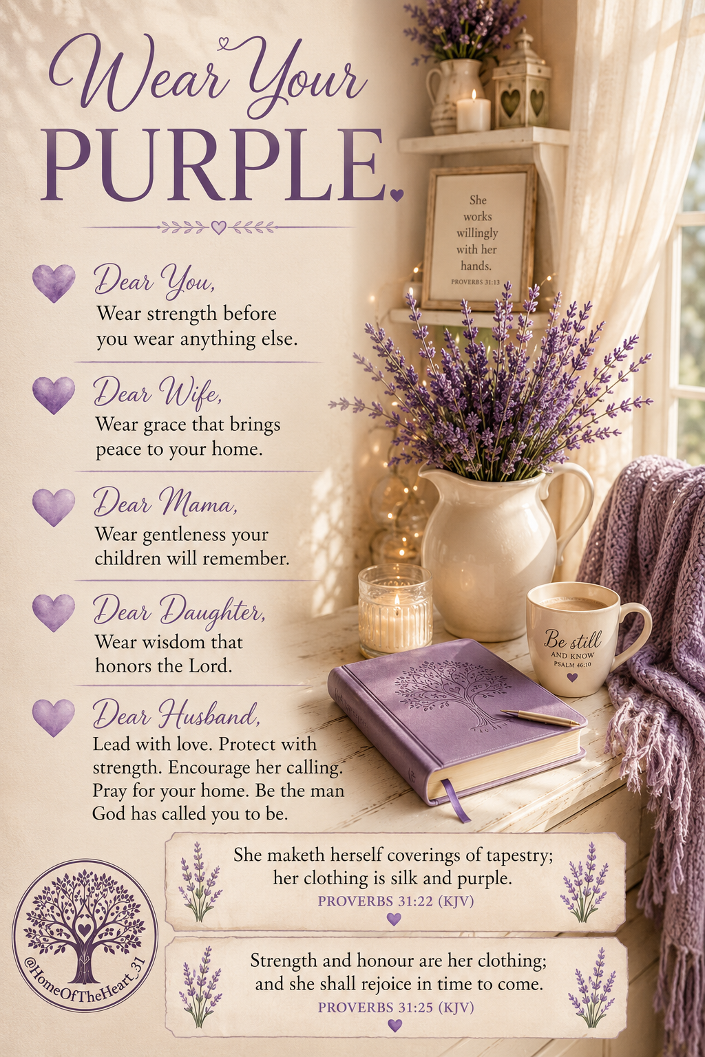 Wear Your Purple — a letter to you, wife, mama, and daughter, Proverbs 31:22 and 31:25